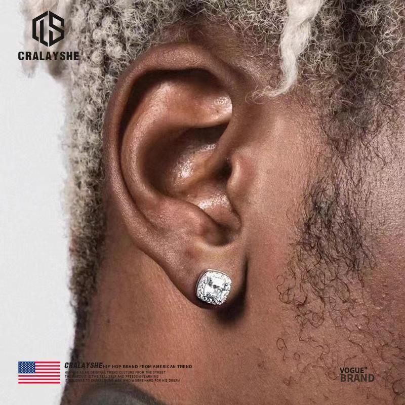 Neymar Style Earrings for Men, Ice Sugar S925 Sterling Silver Needle, Square Diamond, Trendy Hip-Hop Street Style European and American Earrings for Men