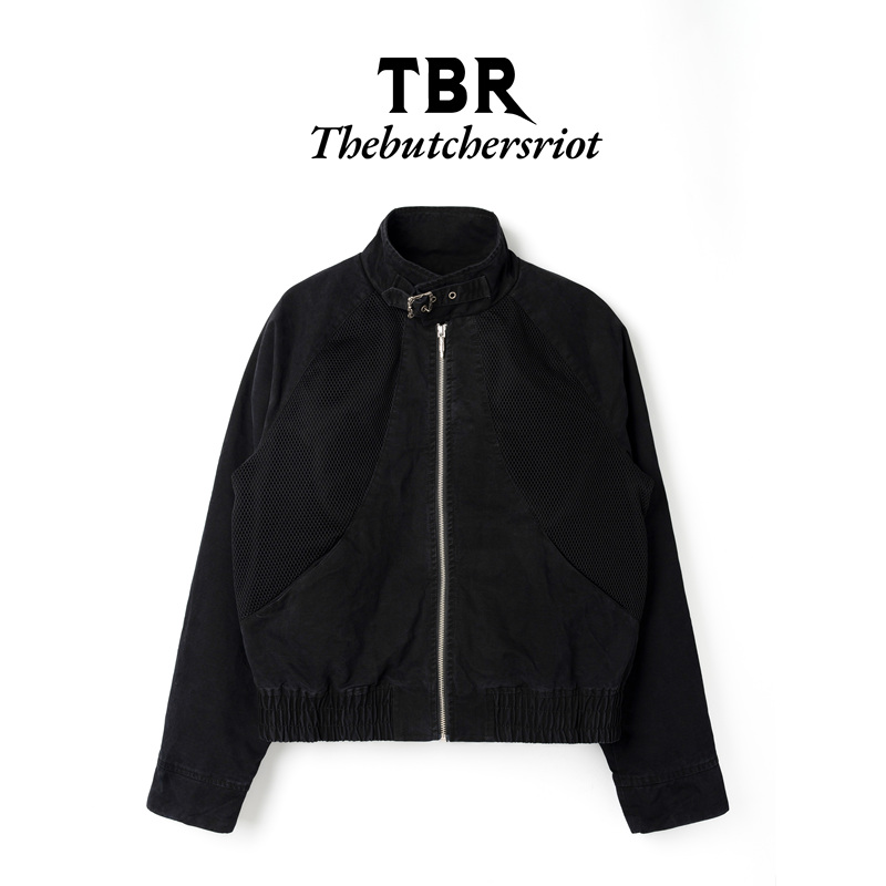 Tbr Stand-Up Collar Washed Mesh Patchwork Jacket Short Style