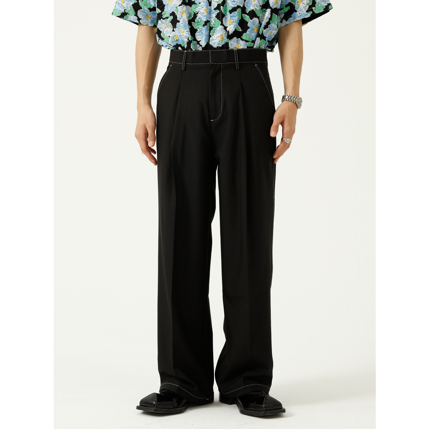 Dosho men's clothing Korean version loose with high western clothing pants male black summer straight drum pure color suit long pants