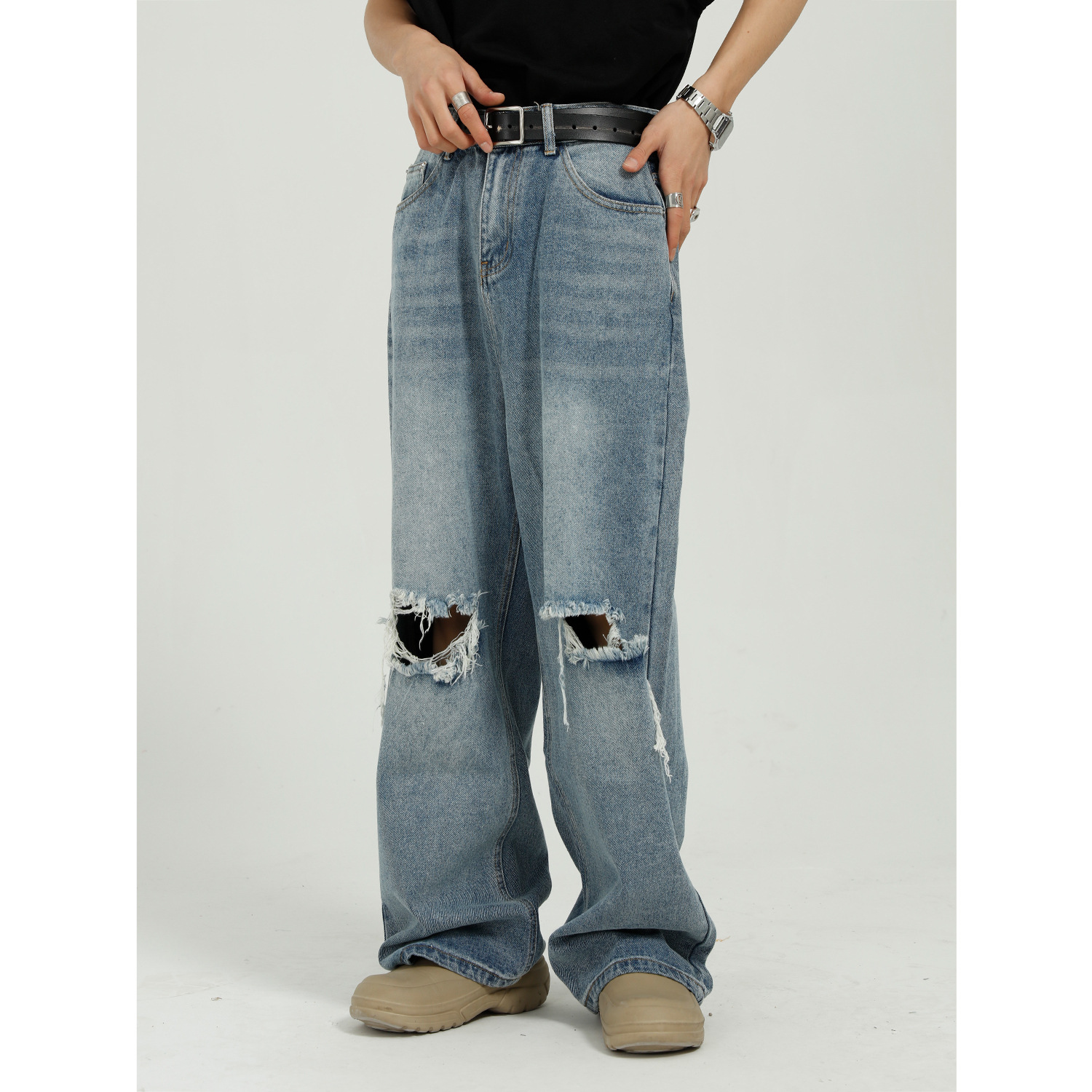 Dosho men's clothing 2021 summer models new Korean version trendy personality wide-legged pants washed with holes casual denim jeans