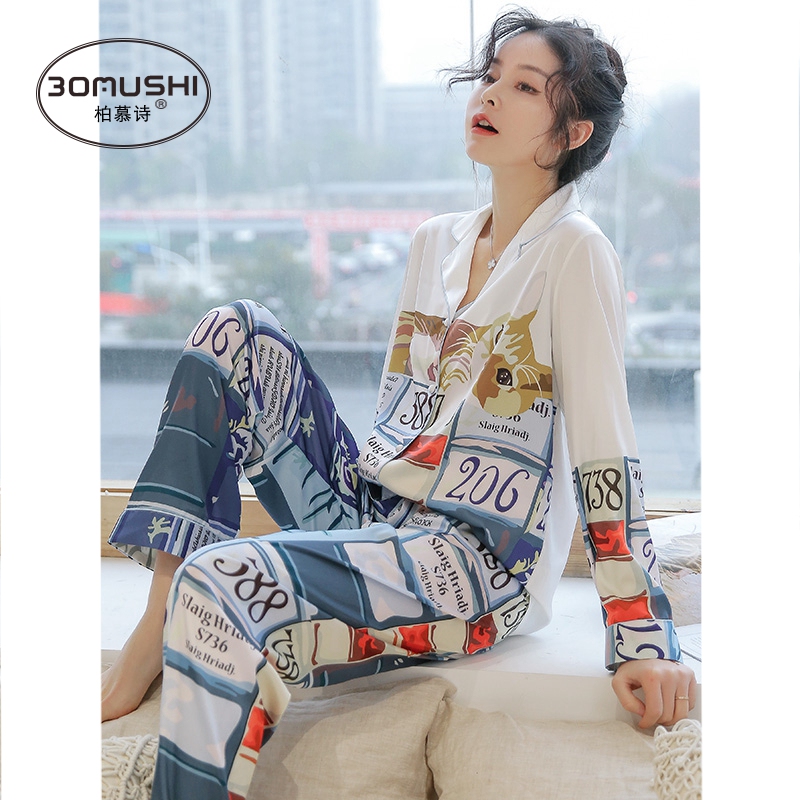 Ice Silk Pajamas for Women, Spring and Autumn Style, Long-Sleeved, Thin, Can Be Worn Outside, Set 2026 New Style, Cat-Themed, High-End Loungewear for Summer Ice Silk Pajamas for Women, Spring and Autumn Style, Long-Sleeved, Thin, Can Be Worn Outside, Set 2026 New Style, Cat-Themed, High-End Loungewear for Summer
