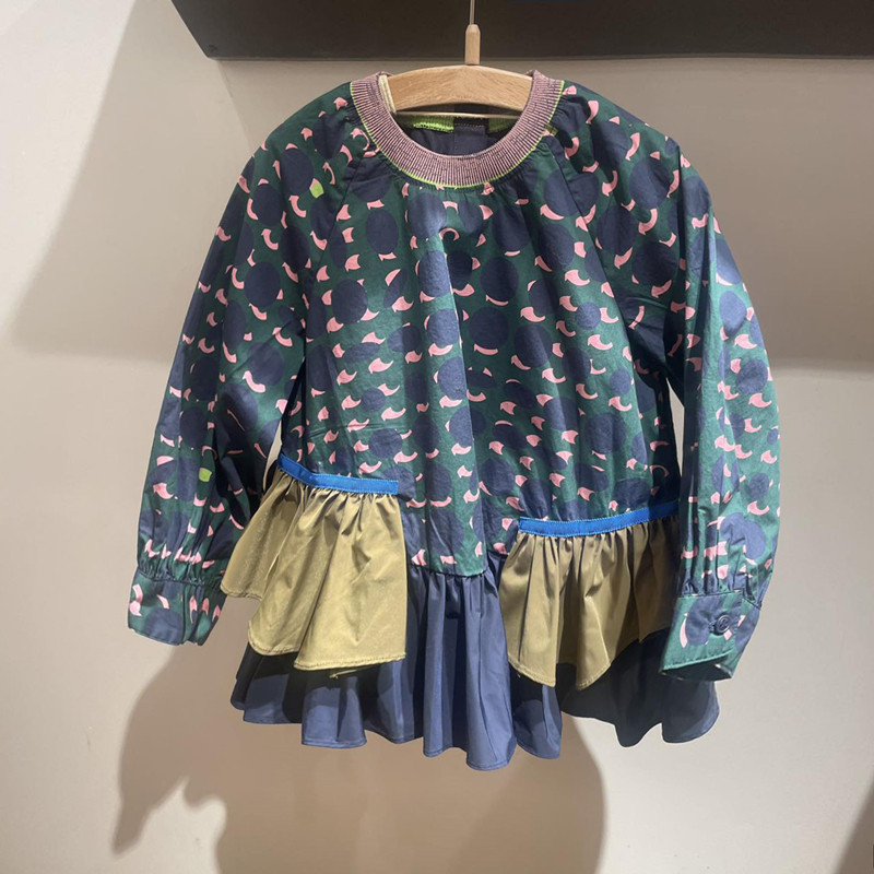 Spot Children Dress Custom 22 Spring Summer Dress New Girl Irregular Bump Color Printed Lotus Leaf Side Shirt Long Sleeve Blouse