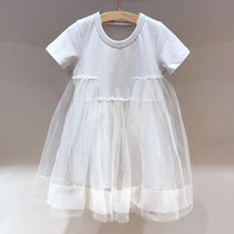 Spot childrens clothing custom 21 summer new girl dress knit stitching mesh dress puffy princess dress children