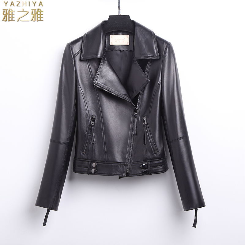 2020 mùa xuân mới Haining Cừu Da Da Da Ít phụ nữ ngắn Suit áo Slim Locomotive Leather Jacket