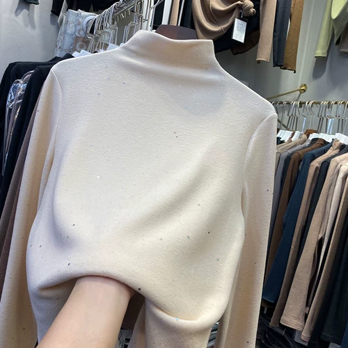 Двусторонное бархатное базовое приятное телу демисезонное звездное небо, утепленная удерживающая тепло футболка, высокий воротник, в западном стиле