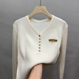 Трикотажный свитер, весенний осенний лонгслив, V-образный вырез, премиум класс, облегающий крой