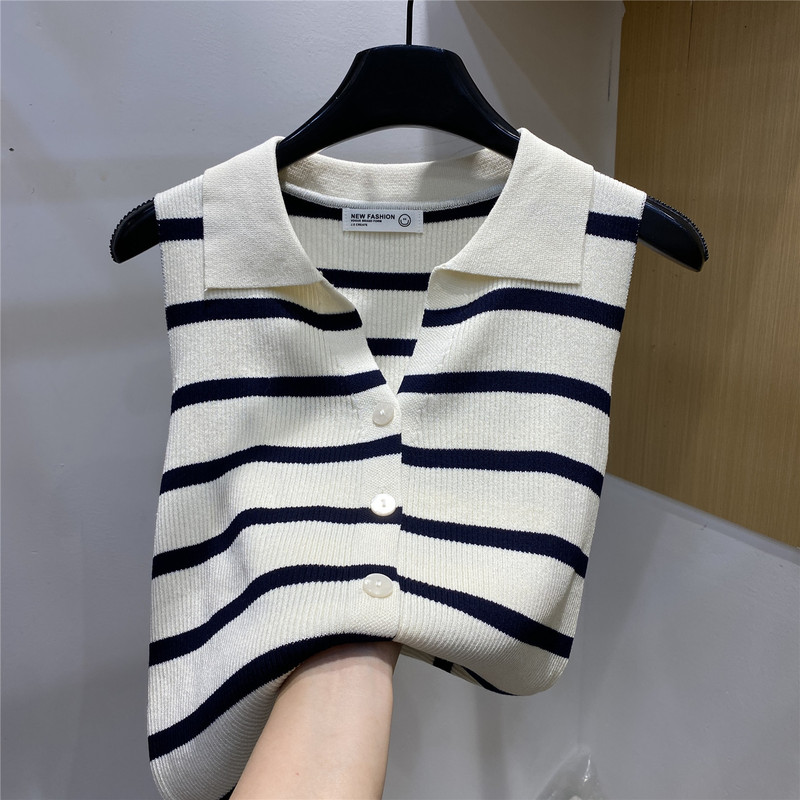 Lapel Sleeveless Striped Knitted Vest Cardigan for Women 2026 Summer New Versatile Slim Fit Stylish Top Trendy Lapel Sleeveless Striped Knitted Vest Cardigan for Women 2026 Summer New Versatile Slim Fit Stylish Top Trendy