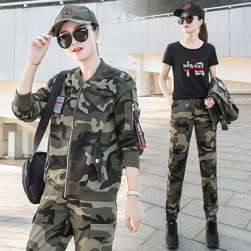 Spring Autumn Season Camouflak Suit Women's Elastic New Outdoor Leisure Sports Two Suits Baseball Collar Pure Cotton Three
