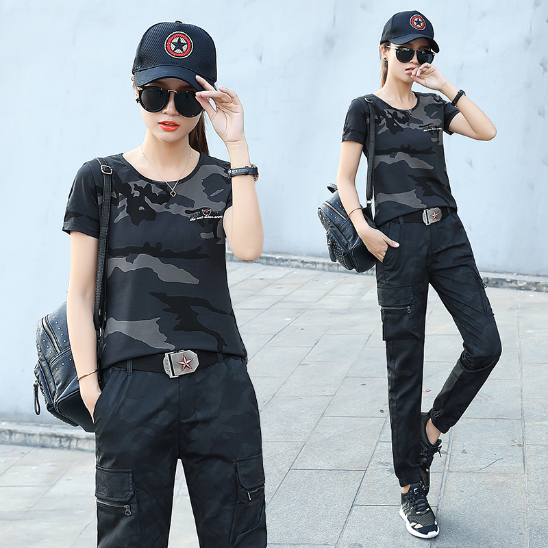 Outdoor Summer New Korean version Fashion Fatigues Fatigues Suit Lady Elastic Loose Casual Thin pieces Two sets