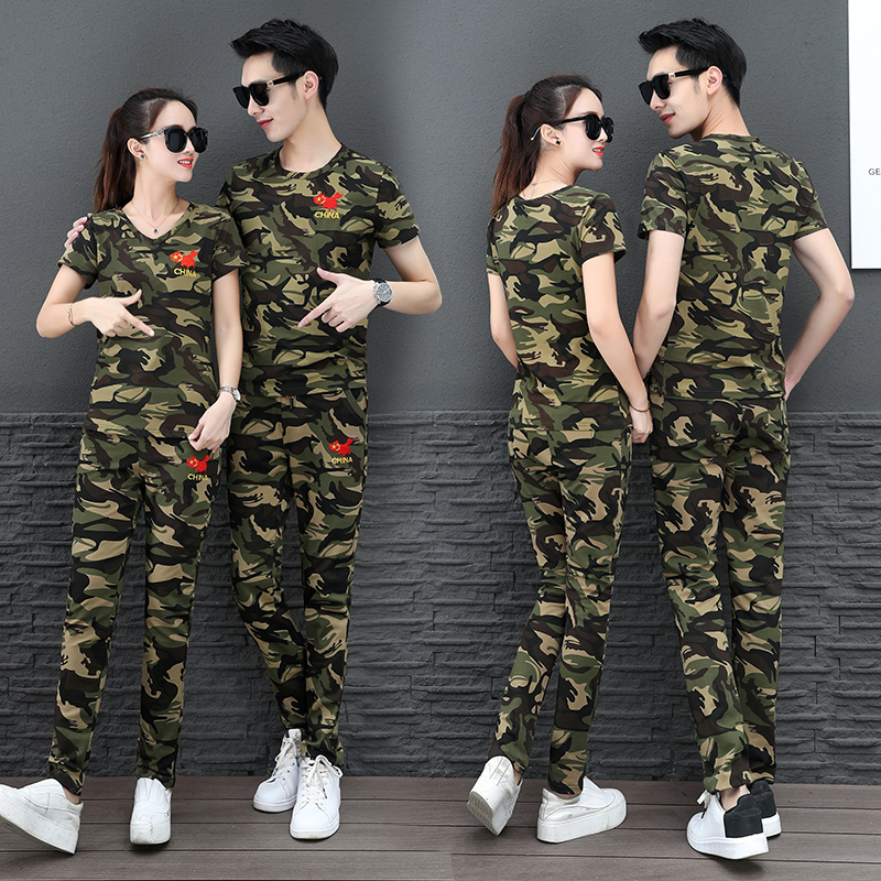 Outdoor Summer New Camouflak Clothing Lovers Suit Men And Women Pure Cotton Elastic Large Size Thin and short sleeves Uniform Two sets