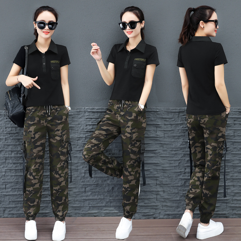 Camouflavored suit women's new fashion Korean version black turned-collar T-shirt large size dress with casual loose two-piece set