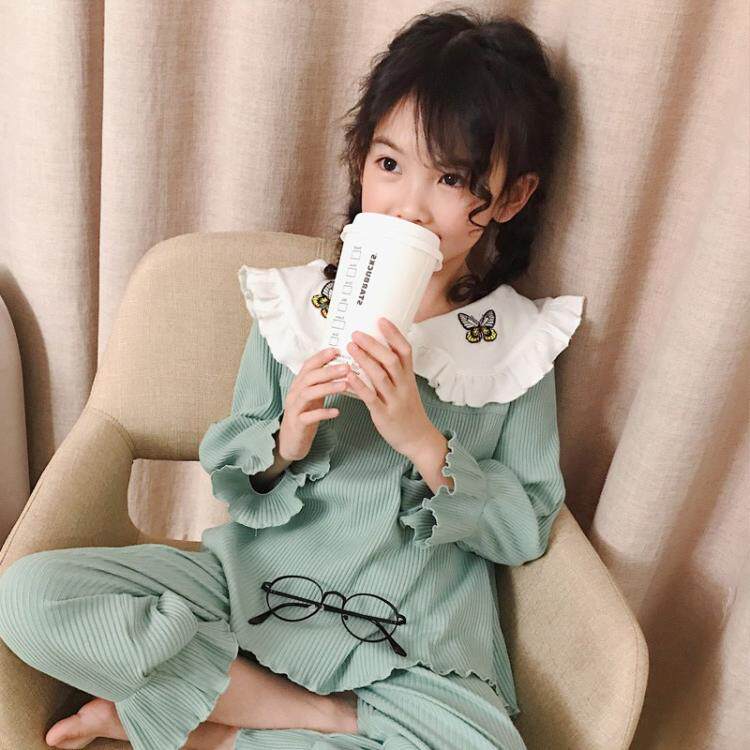 Net red girl pyjamas spring and autumn pure cotton baby long sleeve girl set Princess children's home clothing thin suit