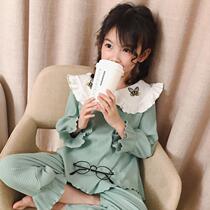 Net red girl pyjamas spring and autumn pure cotton baby long sleeve girl set Princess childrens home clothing thin suit