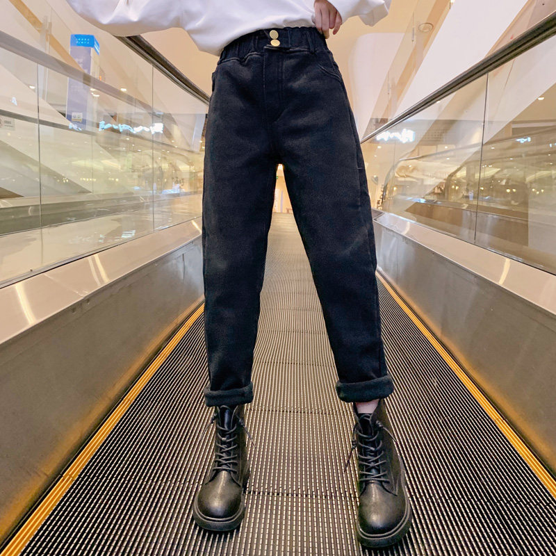 Girls plus jeans wear 2023 new autumn and winter big children thicken warm and one - fled casual trousers