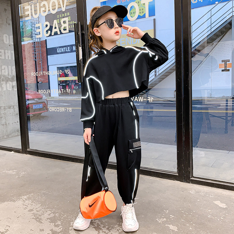 Girl Reflective Suit 2021 Spring Dress New Internet Red Girl Korean version of Korean Sends Tide Children Dress With Hat Fashion Two Sets