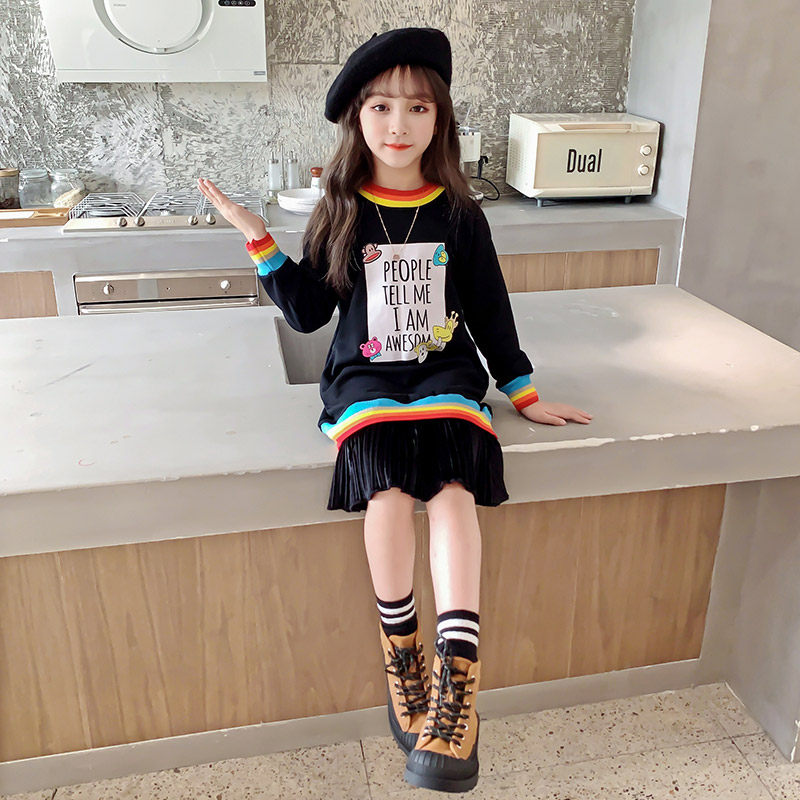 Girl Spring Dress Ocean Dress 2021 New Children Foreign Pie CUHK Girl Girl Splicing Dress Spring Autumn Fashion Thick T-Shirt Dress