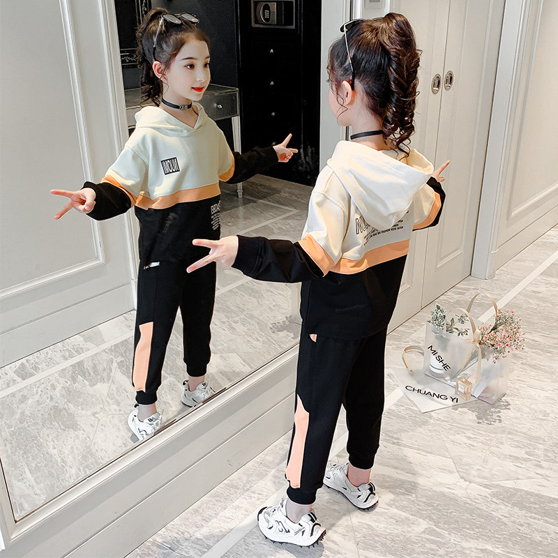 Girl Autumn Clothing Suit 2021 New Internet Red Girl Trendy Tracksuit Children Spring Autumn Long Sleeves Thick Cotton T Two sets