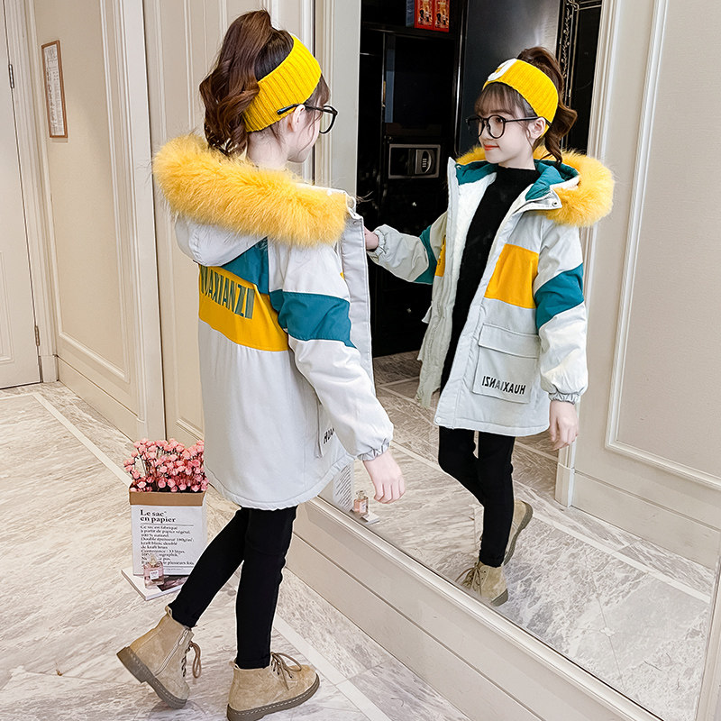 Girls cotton cotton winter dress 2023 new children thickened up and long washing coat in large children's warm clothes