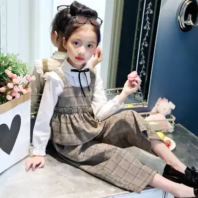 Net red girl western style 2021 spring new plaid wide-leg pants suit middle and large children's Korean three-piece children's clothing trend