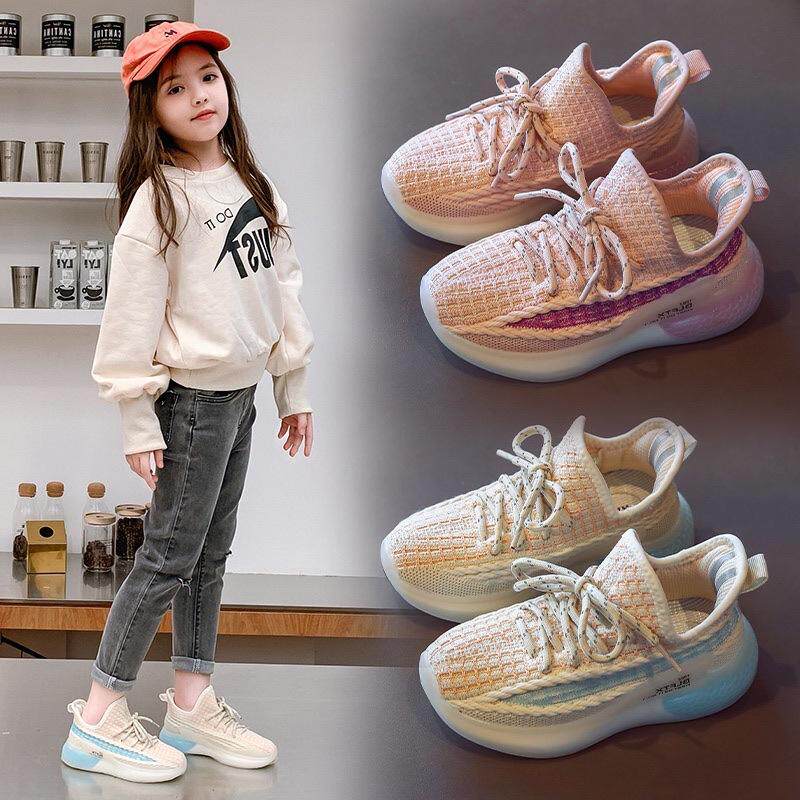 Girl Sneakers 2021 Fall New Children Han Edition Breathable Casual Shoes Boy Fashion Soft Bottom Flying Textile Children Shoes 