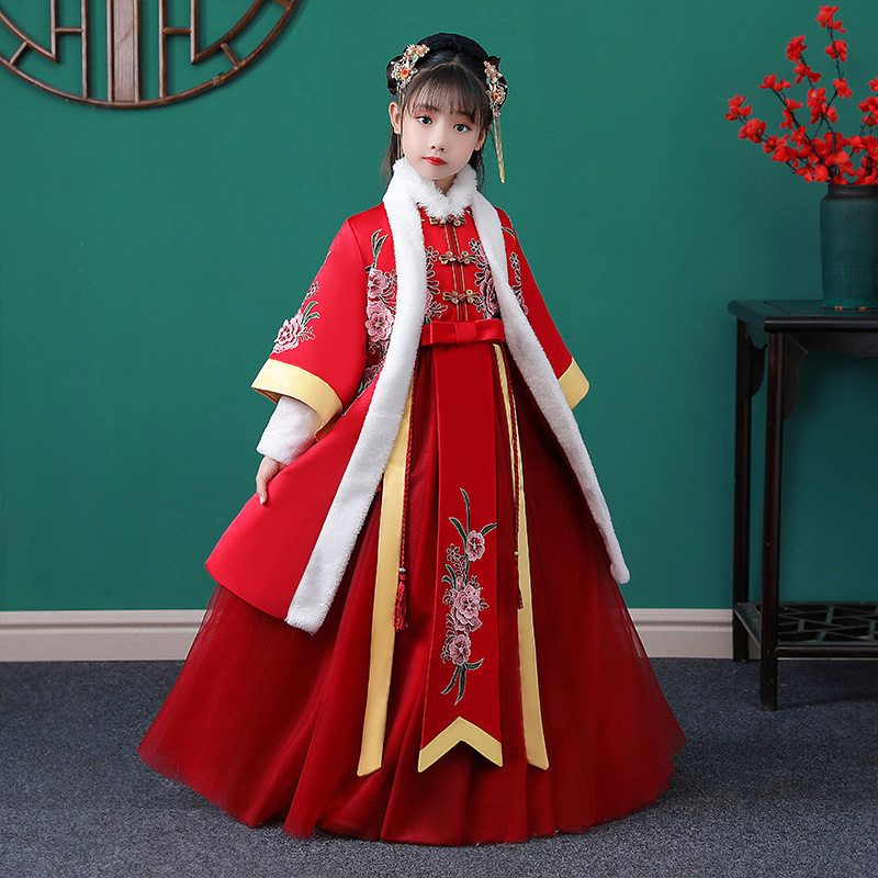 Girls' annual clothes in winter dress 2023 new style of Chinese red Hanclothing children's antique Tangwear suit