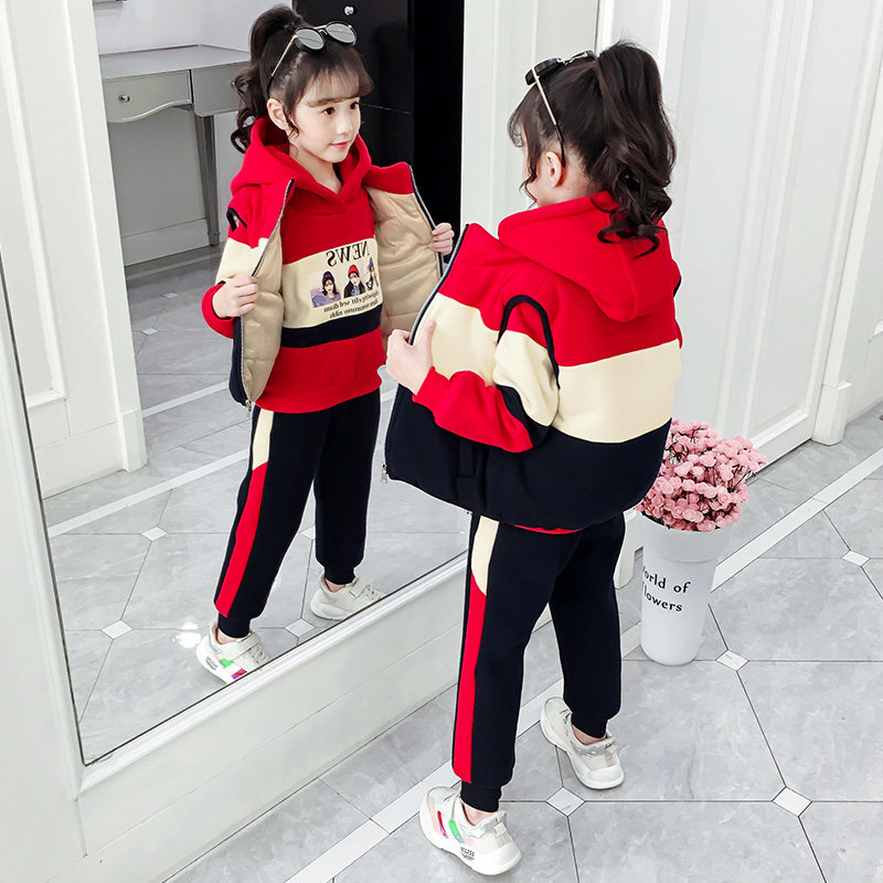 The net red girl suit 2022 new children's fashionable winter clothing plus - woven heating campaign three pieces