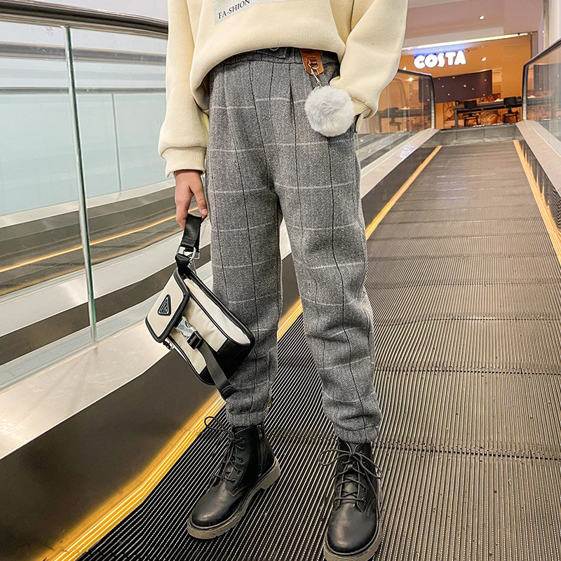 Girls plus casual trousers in winter new warm and loose Harlen pants pants big children's pants