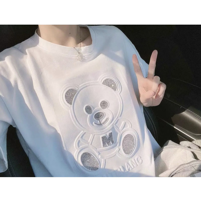 2021 summer new Korean version of the heavy industry hot diamond short-sleeved bear T-shirt women's casual top white ins women's half sleeves