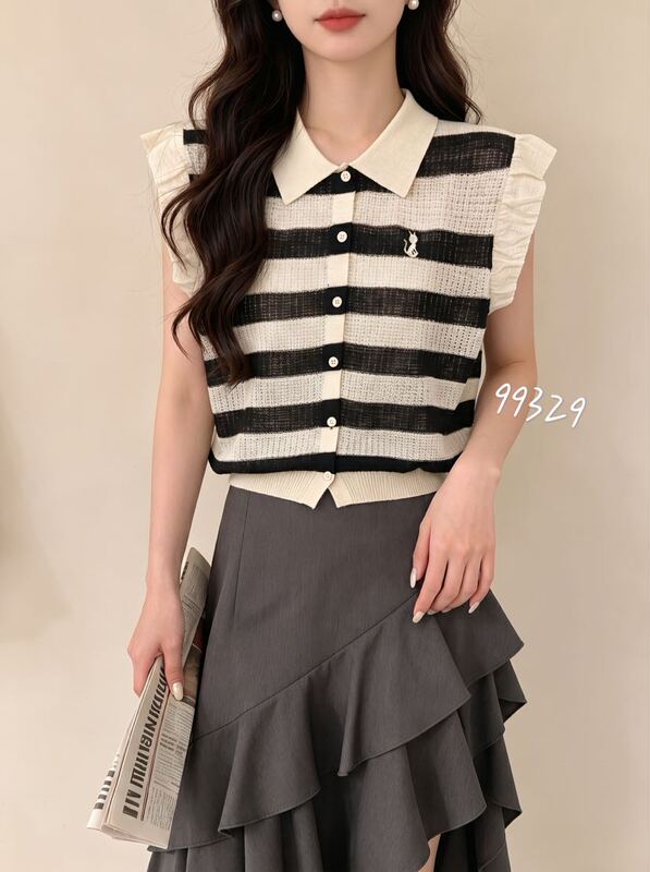 Summer Korean Style Fresh and Gentle Age-Reducing Temperament Lapel Single-Breasted Cartoon Embroidered Ice Silk Sleeveless Sweater