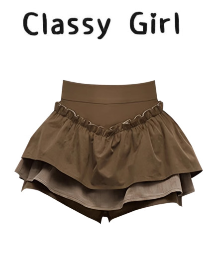 美式复古双层荷叶边高腰显瘦半身裙女春夏小个子时尚百搭蓬蓬裙裤