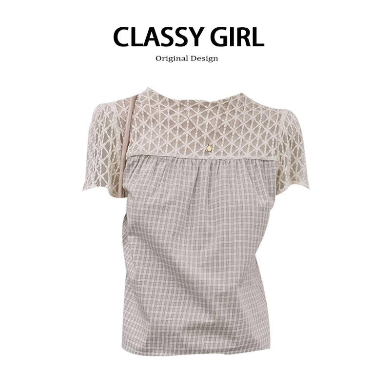 Lace Patchwork Plaid Hollow-Out Shirt for Women, 2026 Summer New Style, Elegant Design, Slimming, Versatile Round-Neck Top