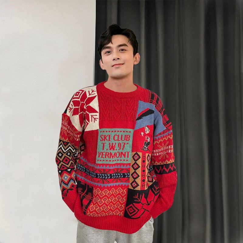 Kuraishi Kazuki's Red Christmas Sweater for Men, Winter Style, Fleece-Lined and Thickened Knitwear, Couple's Clothing Kuraishi Kazuki's Red Christmas Sweater for Men, Winter Style, Fleece-Lined and Thickened Knitwear, Couple's Clothing