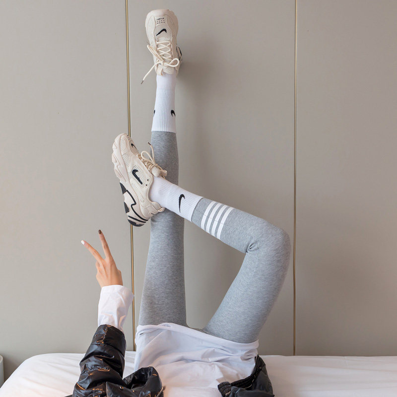 2021 new gray threaded tb leggings women wear spring and autumn thin tight stretch autumn pants plus fleece thick winter