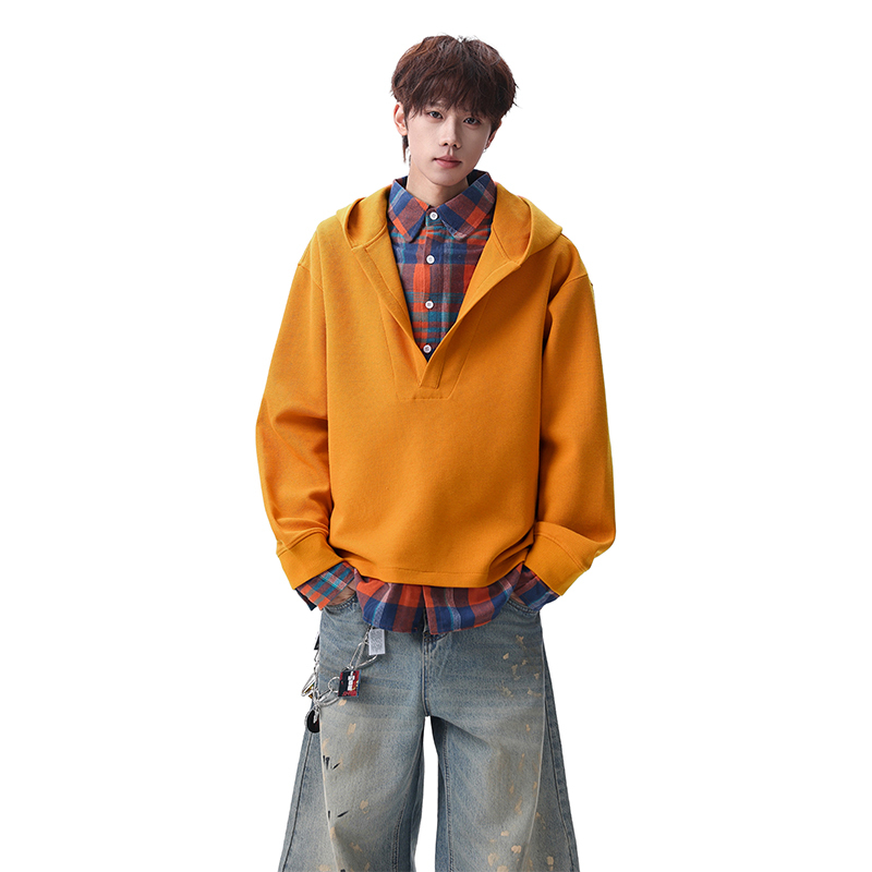 Wolf Jees Fake Two-Piece Hooded Sweatshirt Men's Loose Orange Youth Trendy Brand Men's Casual Top Jacket Wolf Jees Fake Two-Piece Hooded Sweatshirt Men's Loose Orange Youth Trendy Brand Men's Casual Top Jacket
