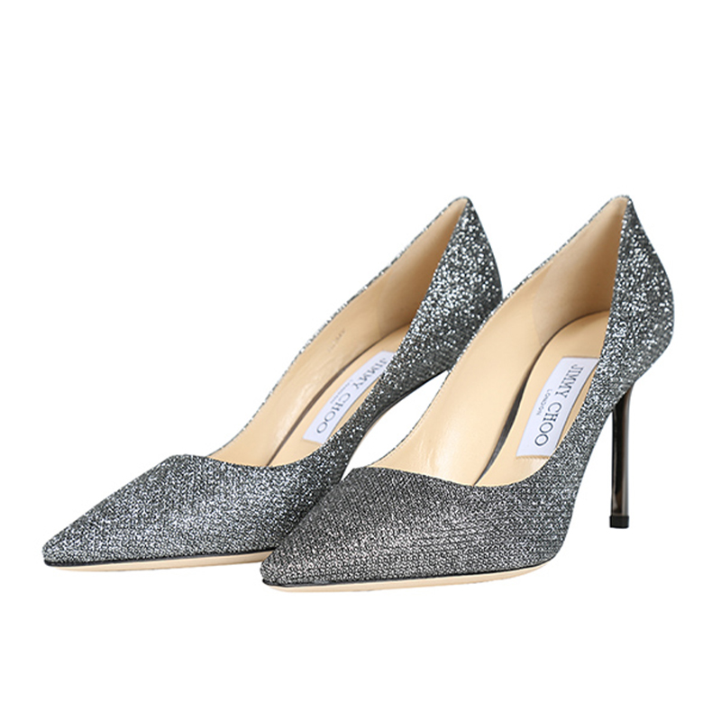 Jimmy Choo Zhou Yangjie ROMY8 5cm carbon gray fine silver pointed high heels fashion shoes women's wedding shoes