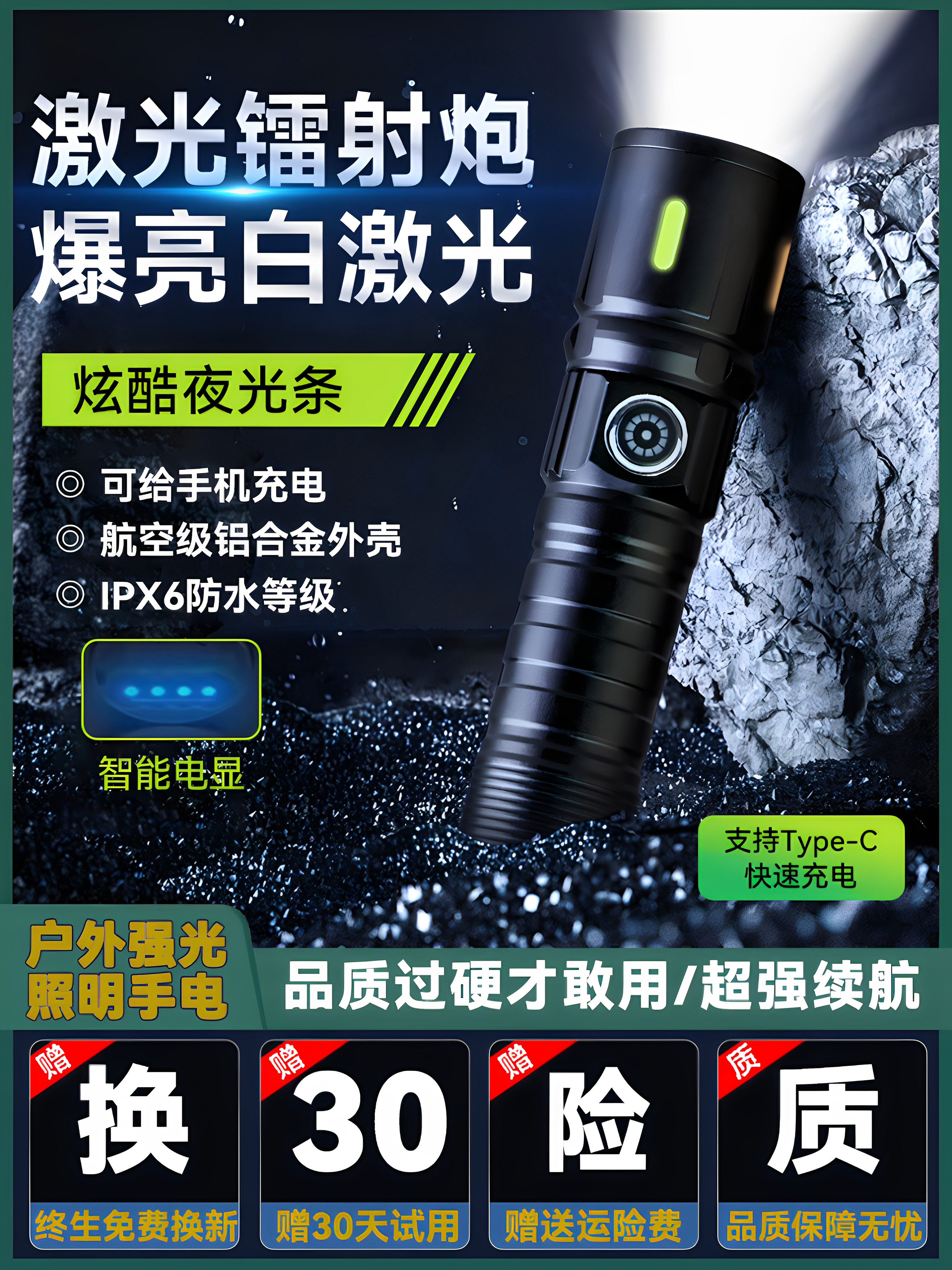 Super Bright Flashlight, Strong Light, Rechargeable, Outdoor White Laser, Household, Small, Portable, Durable, Multi-Functional, Long-Range Patrol