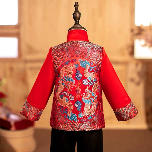 Детское демисезонное ханьфу для мальчиков, красное платье, праздничнный комплект, осенний сезон, увеличенная толщина