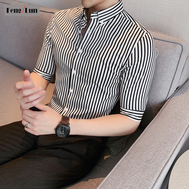 Summer Strip Five-sleeve Shirt Men and Korean Edition Small Sleeved Sleeve Slowsleeve Shirt