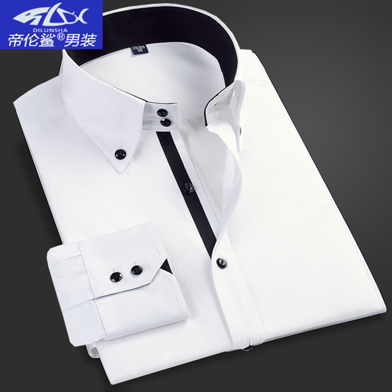 White Long-Sleeved Shirt for Men, Spring Casual Stylish Men's Shirt, Spring and Autumn Inner Wear, Slim Fit Shirt with Large Collar