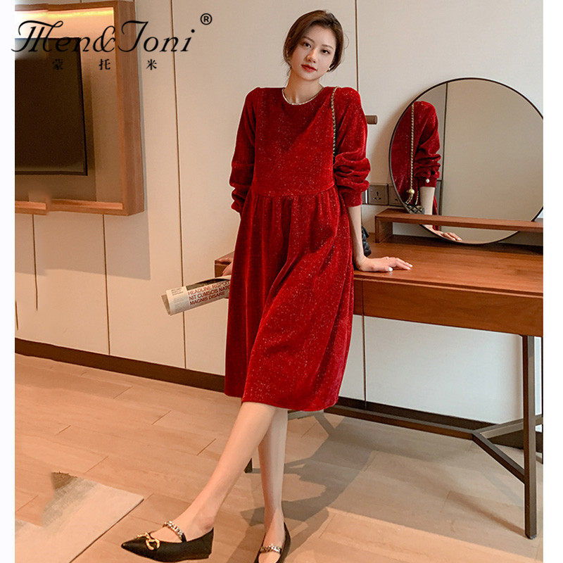 Men&Joni montomi maternity dress Chinese New Year red dress temperament bright silk high-end trendy hot mom spring and autumn dress