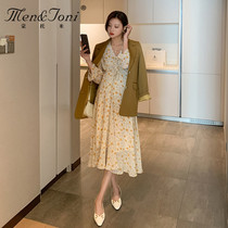 Men & Joni montomi maternity spring bed dress fashion floral long sleeve chiffon skirt with Blazer