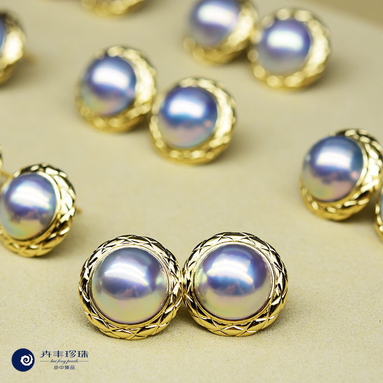 New Product, Chanel Style, 13mm Mirror-Like Strong Luster Starry Sky Blue Japanese Natural Seawater Mother-Of-Pearl Stud Earrings, 18K Gold