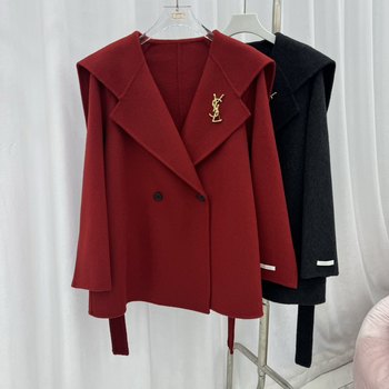 2025 early spring new style double-sided cashmere coat navy collar mid-length with brooch belt versatile wool coat for women
