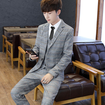 Mens suit three-piece fashion linen suit mens suit student suit Net red small suit handsome set