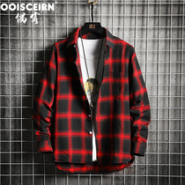 Net Red Shirt Male Shake Sound Tide Cards Easy 100 hitch Forbidden Paure pure Black Red Plaid Jacket Man Long Sleeve
