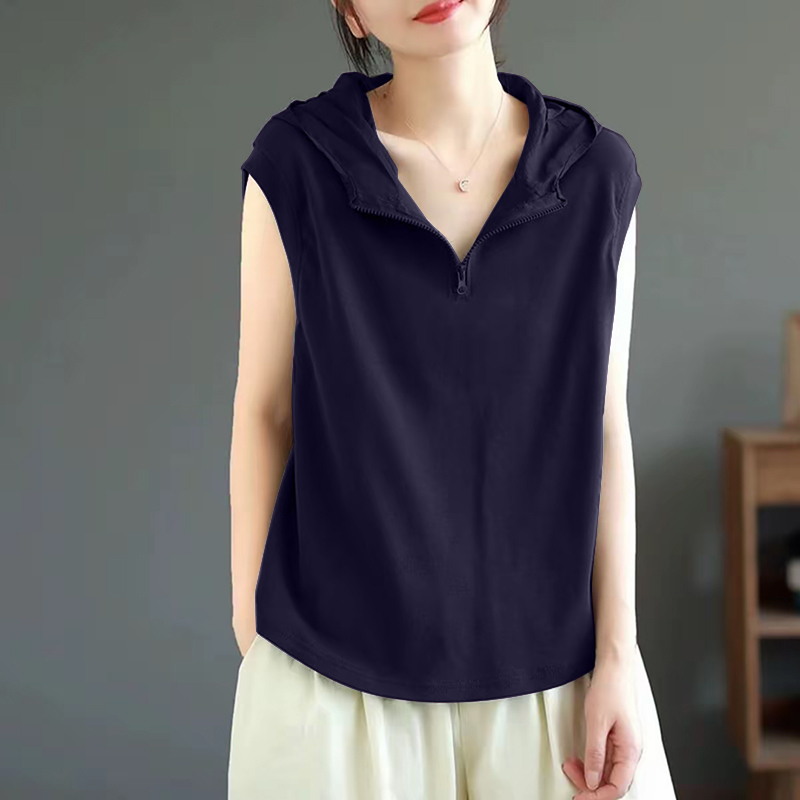 Zippered Hooded Pure Cotton Sleeveless Vest, New Summer Style for Women, High-End, Loose-Fitting, Slimming, Tummy-Covering, Stylish Top