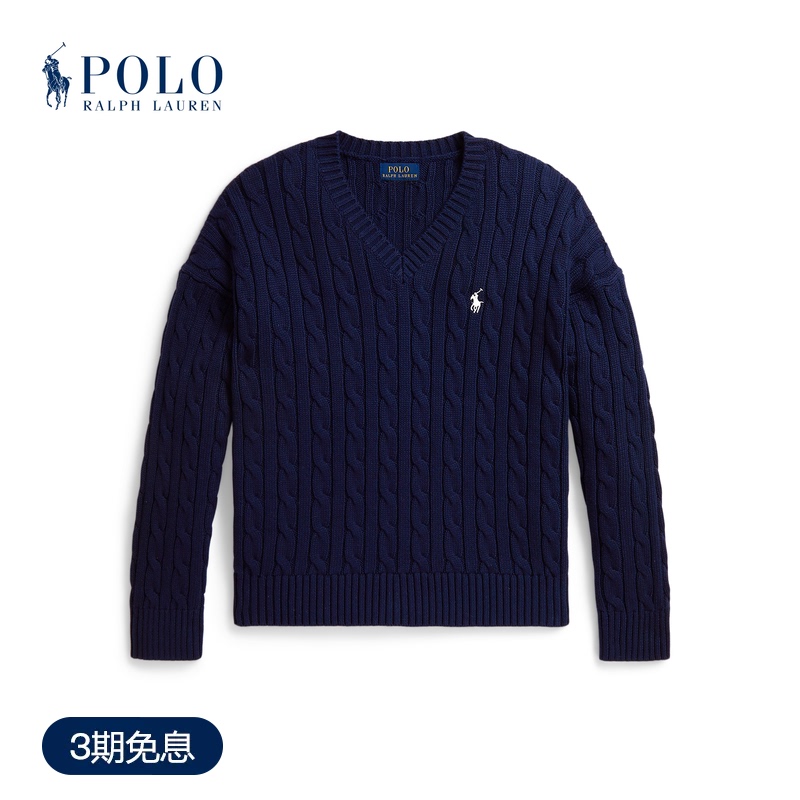 Ralph Lauren/Ralph Lauren Girls' Fall 26 Cable Knit Cotton V-Neck Sweater Rl44916