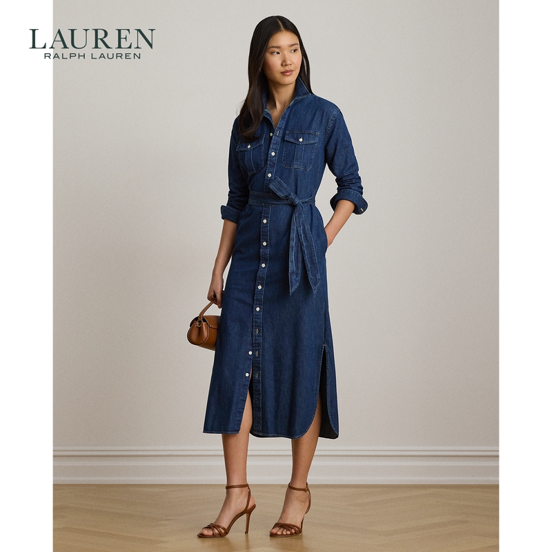Lauren/Ralph Lauren Women's 26 Fall Belted Denim Shirt-Style Cotton Midi Dress Rl63212
