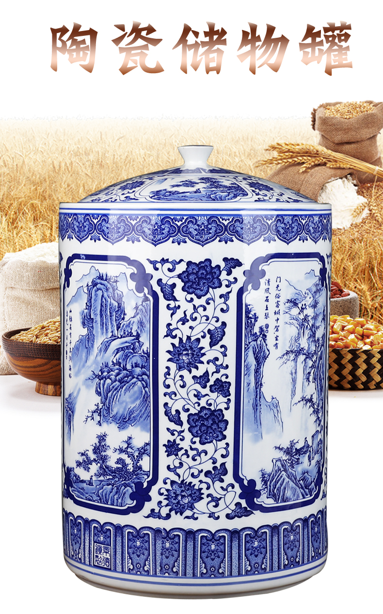 Jingdezhen ceramic barrel 50 kg of straight cylinder caddy fixings household seal storage jar airtight storage tea urn