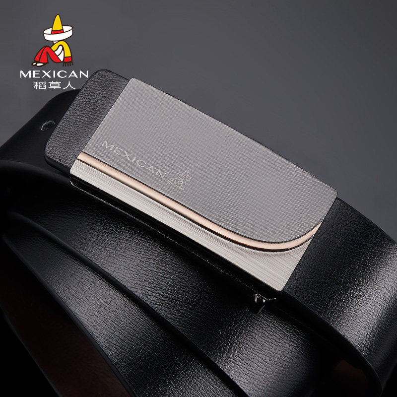 The new scarecrow belt men's leather smooth buckle buckle belt inside wear cowhide brand youth pants belt Korean version of the tide